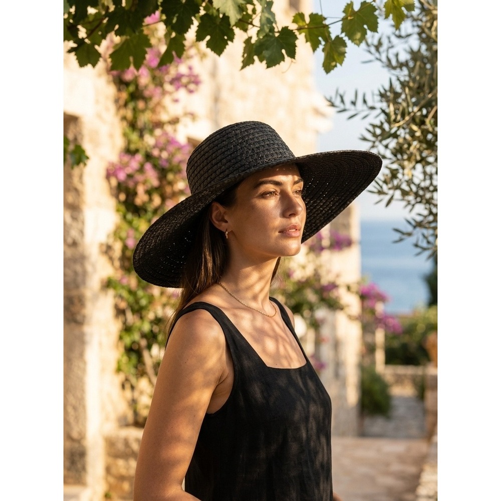 Hat Women Black Wide Brim Straw Sun Hat Floppy Beach Summer Travel UB151297 OS